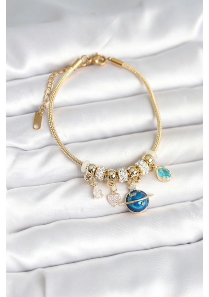 Pirinç Renk Dünya Charmlı Kadın Bileklik