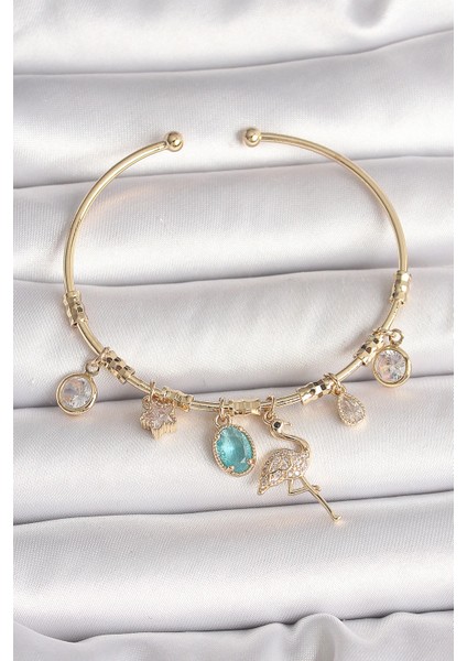 Pirinç Renk Zirkon Taşlı Sallantı Filamingo Figür Charm Kadın Bileklik
