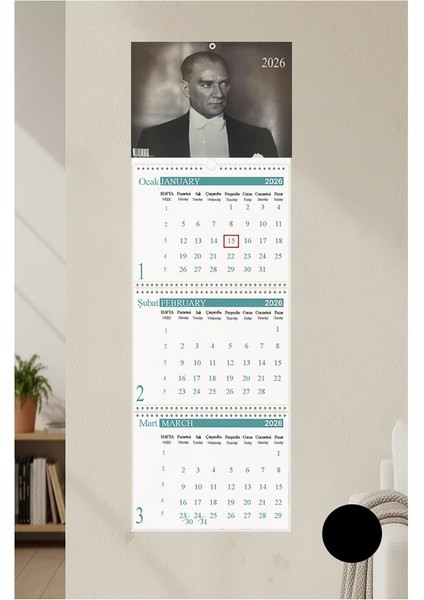 2026 Duvar Takvimi Atatürk Resimli 3 Aylık Gemici Takvimi Resimli No 1 Jumbo Boy Askılı Spiralli Takvim Yeni Yıl Siyah