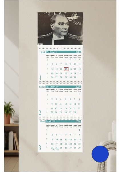 2026 Duvar Takvimi Atatürk Resimli 3 Aylık Gemici Takvimi Resimli No 3 Jumbo Boy Askılı Spiralli Takvim Yeni Yıl Mavi