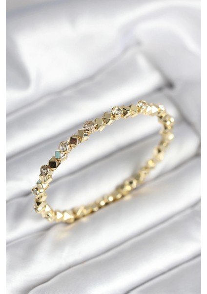 Zirkon Taşlı Küp Şerit Pirinç Renk Kadın Bileklik