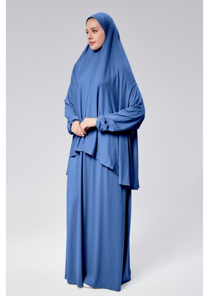 Kadın Iki Parça Namaz Elbisesi Başörtülü Organik Pamuklu Lastikli Kolu Kaymaz Etek Penye Tesettür