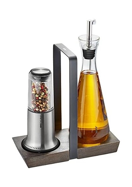 Menage X-Plosıon M – Tuz ve Karabiber Değirmeni Altlık, Dondurulmamış, Ahşap, Yüksek Kaliteli Paslanmaz Çelik, Baharat Değirmeni, Sirke Dispenseri, Zeytinyağı Dispenseri,