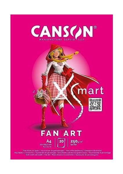 Canson Xsmart Fanart, Çizim Kağıdı, Beyaz, Düz, 250 G/m², Uzun Sayfa, A4-21 x 29,7 Cm, Beyaz, 20 Yaprak, Renkli