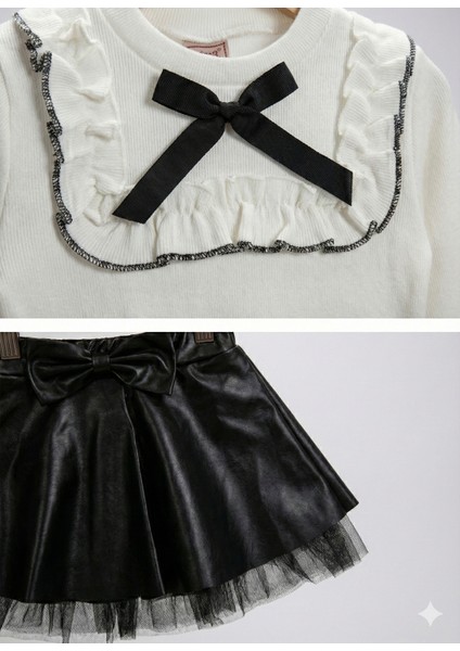 Kız Çocuk Şık Davet Kıyafeti – Deri Görünümlü Etek ve Uzun Kollu Bluz modelleri
