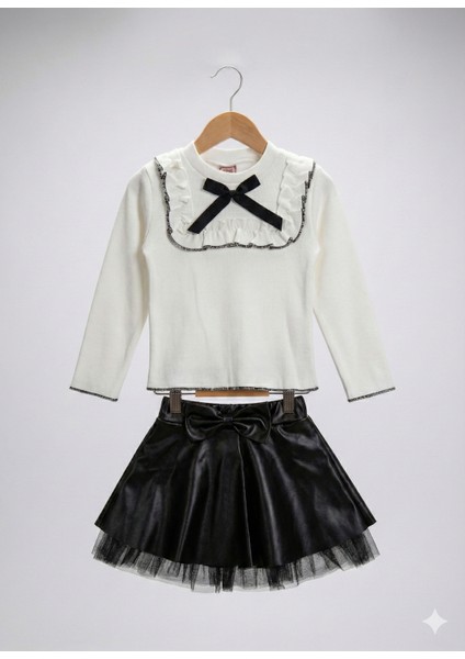 Kız Çocuk Şık Davet Kıyafeti – Deri Görünümlü Etek ve Uzun Kollu Bluz fırsatları