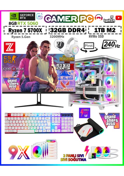 Warrior Eagle X55 White Pro Ryzen 7 5700X 32GB 1tb M.2 SSD RTX5060 27" 240Hz Sıvı Soğutmalı Premium Oyuncu Bilgisayar