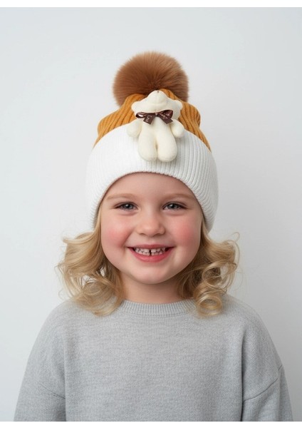 Ponponlu Ayıcıklı Çift Renk Unisex Çocuk Bere