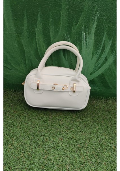 Kadın Beyaz El / Omuz Çantası - Altın Detaylı, Küçük Boy Şık Omuz ve El Çantası Modeli