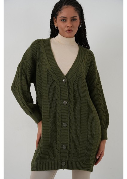 Kadın Bdart Düğmeli V Yaka Jakarlı Triko Hırka Haki Yeşil