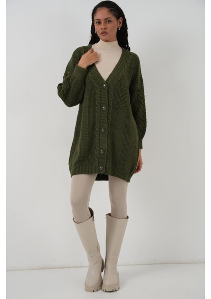 Kadın Bdart Düğmeli V Yaka Jakarlı Triko Hırka Haki Yeşil fiyatları