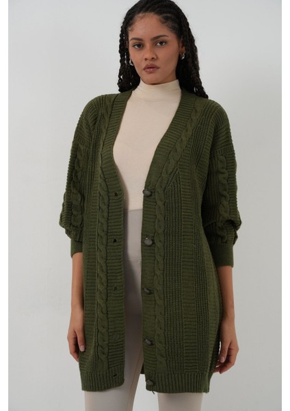 Kadın Bdart Düğmeli V Yaka Jakarlı Triko Hırka Haki Yeşil modelleri