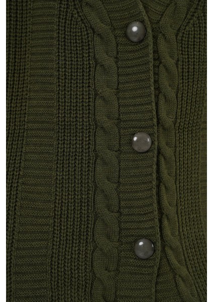 Kadın Bdart Düğmeli V Yaka Jakarlı Triko Hırka Haki Yeşil indirimleri