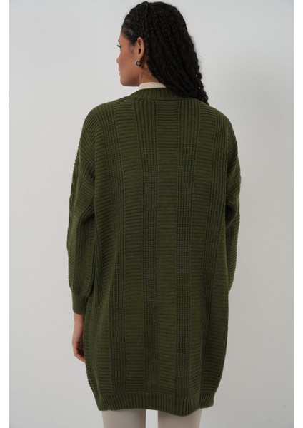 Kadın Bdart Düğmeli V Yaka Jakarlı Triko Hırka Haki Yeşil
