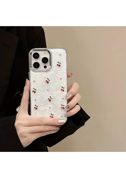 Tecno Spark 30C Kılıf Kamera Koruyucu Simli Kiraz Desenli Kabartmalı Şeffaf Slikon Kapak fırsatları