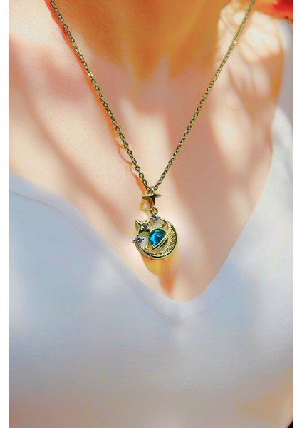 Mavi Ay Kolye (Altın Renk)