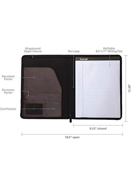 Portföy/fermuar Faux Deri Portföy, Kitap Tarzı Ciltli Tasarım, Iş ve Röportaj Padfolio Organizatör, 8.5 x 11 Yazı Pad, Koyu Kahverengi