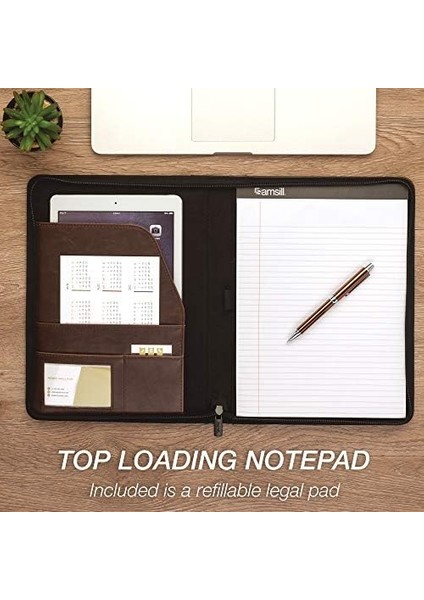 Portföy/fermuar Faux Deri Portföy, Kitap Tarzı Ciltli Tasarım, Iş ve Röportaj Padfolio Organizatör, 8.5 x 11 Yazı Pad, Koyu Kahverengi fiyatları