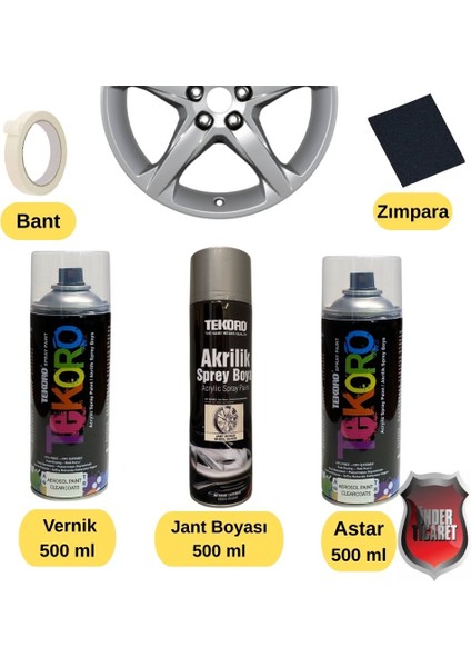 Akrilik Jant Boyası - Boyama Seti Astar - Vernik - Jant Sprey Boya 500 ml