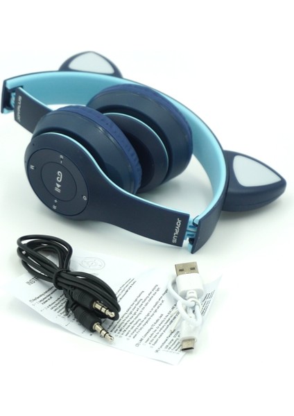 JP-1302 P47M Katlanabilir Kedi Kulaklı Işıklı Kablosuz Kulak Üstü Kulaklık