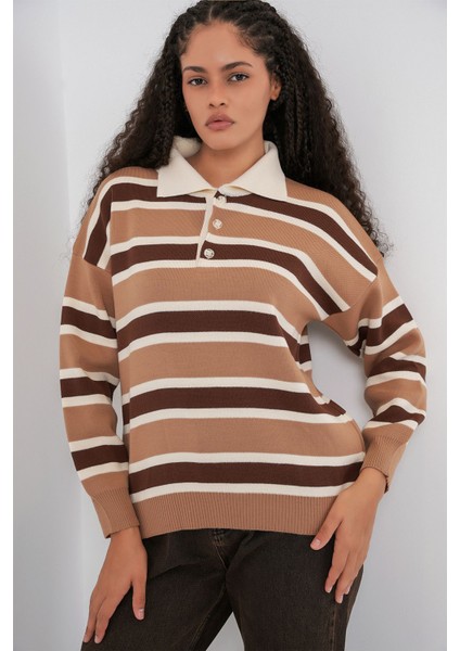 Kadın Bdart Çizgili Polo Triko Kazak Bej Doğal