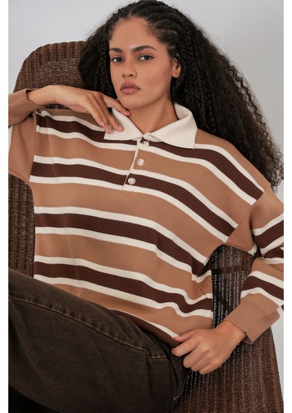 Kadın Bdart Çizgili Polo Triko Kazak Bej Doğal modelleri