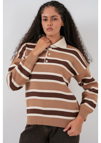 Kadın Bdart Çizgili Polo Triko Kazak Bej Doğal fırsatları