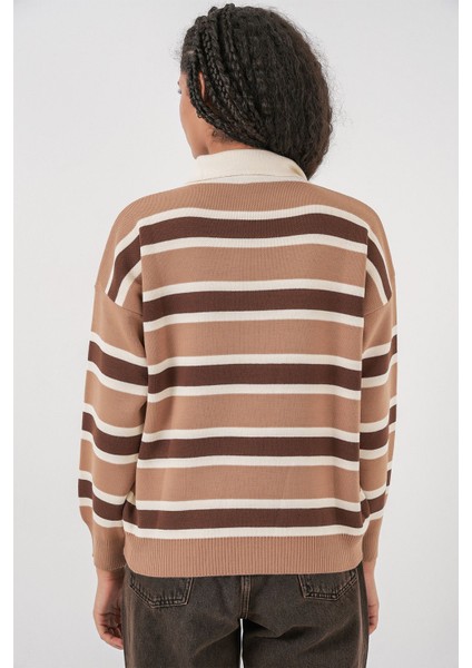 Kadın Bdart Çizgili Polo Triko Kazak Bej Doğal