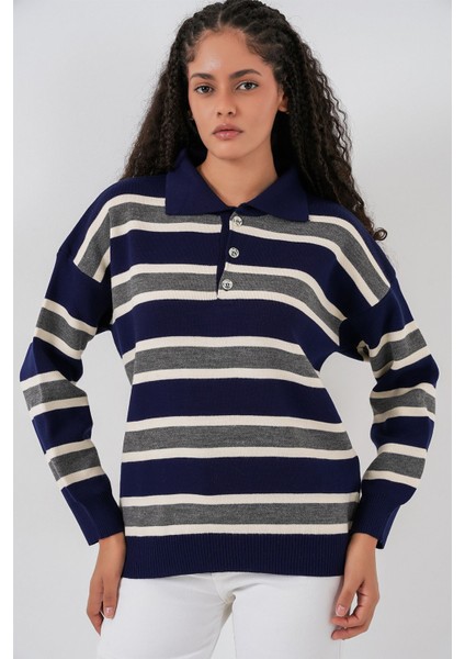 Kadın Bdart Çizgili Polo Triko Kazak Lacivert