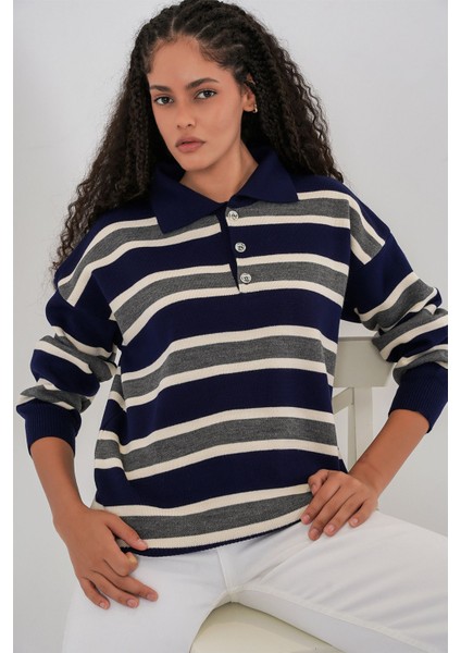 Kadın Bdart Çizgili Polo Triko Kazak Lacivert fiyatları