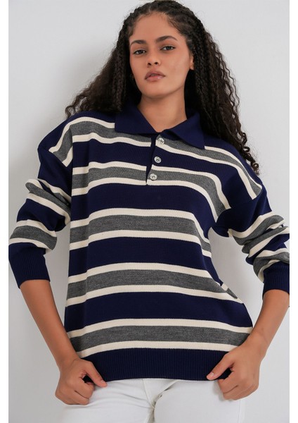 Kadın Bdart Çizgili Polo Triko Kazak Lacivert fırsatları