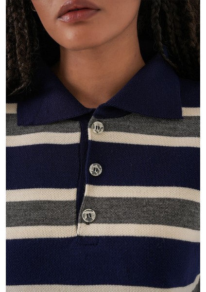 Kadın Bdart Çizgili Polo Triko Kazak Lacivert indirimleri