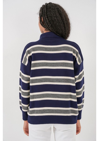 Kadın Bdart Çizgili Polo Triko Kazak Lacivert