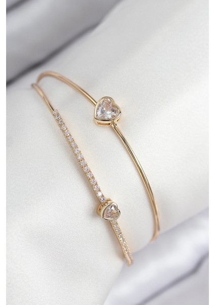 Pirinç Zirkon Taşlı Kalp Renk Kadın Bileklik