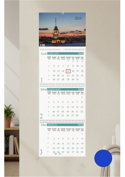 2026 Duvar Takvimi Manzara Resimli 3 Aylık Gemici Takvimi Resimli No 2 Jumbo Boy Askılı Spiralli Takvim Yeni Yıl Mavi