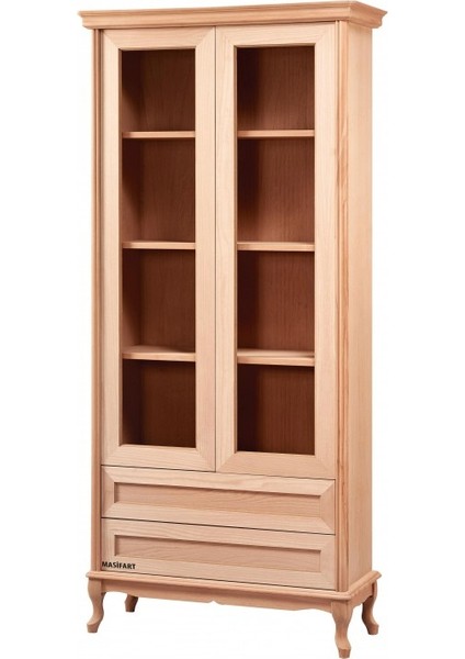 Asal Çekmeceli Camlı Kitaplık Cilasız Ham