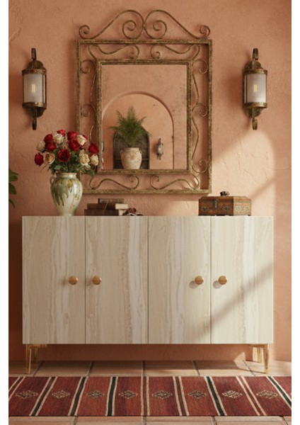 KA1204BT- Simple Konsol , Tv Sehpası , Çok Amaçlı Dolap ve Kahve Köşesi 120CM Beyaz-Traverten