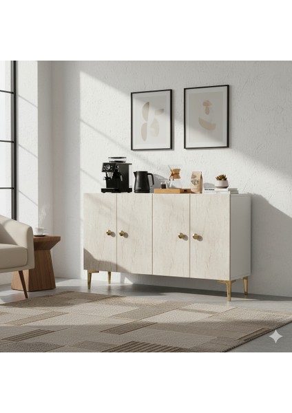 KA1204BT- Simple Konsol , Tv Sehpası , Çok Amaçlı Dolap ve Kahve Köşesi 120CM Beyaz-Traverten fırsatları