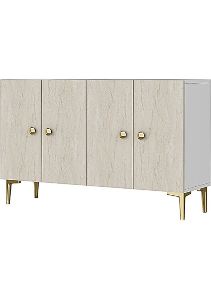 KA1204BT- Simple Konsol , Tv Sehpası , Çok Amaçlı Dolap ve Kahve Köşesi 120CM Beyaz-Traverten