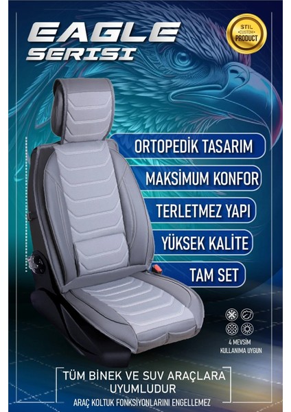 Chevrolet Kalos Uyumlu Yarı Deri Oto Koltuk Kılıfı 5li Set Eagle Seri Füme