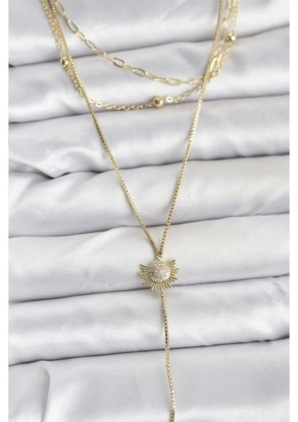 Pirinç Renk Zirkon Taşlı Güneş Detaylı 3'lü Kombin Y Kadın Kolye