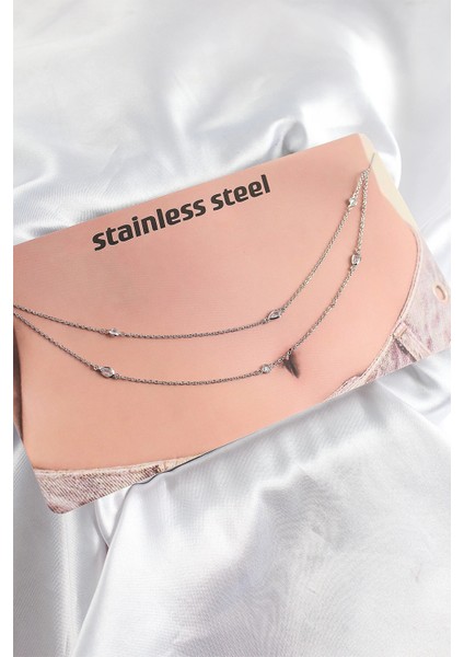 316L Çelik Zirkon Taşlı Damla Gümüş Renk Göbek Bel Zinciri