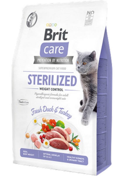 Nrzsnt Brit Care 2 kg Kilo Kontrolü Ihtiyacı Olan Kısırlaştırılmış Kediler Için, Tahılsız, Hipoalerjenik, Taze Ördek Etli ve Hindi Etli Kuru Mama