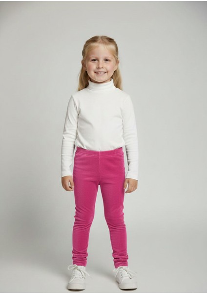 Kız Çocuk Fitilli Kadife Tayt - Fuşya Rahat Kışlık Esnek Leggings