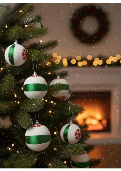 3'lü Beyaz-Yeşil Çizgili Kırmızı Kar Tanesi Desenli Dokulu Yılbaşı Süsü