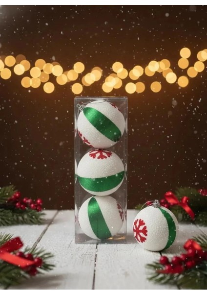 3'lü Beyaz-Yeşil Çizgili Kırmızı Kar Tanesi Desenli Dokulu Yılbaşı Süsü fiyatları