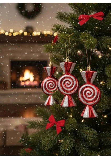 Lüks Candy Cane Konseptli Dekoratif Yılbaşı Süsleri (3 Adet Simli) fiyatları