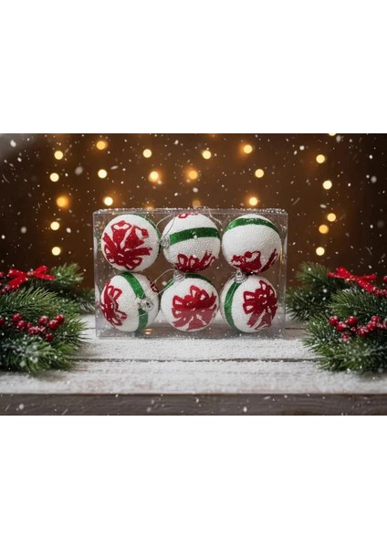 6'lı Kırmızı Fiyonk ve Yeşil Çizgili Kumaş Yılbaşı Ağacı Süsü Seti 6cm