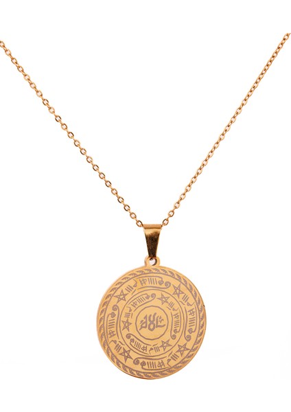 Celcelütiye ve Ism-I Azam Vefk Yazılı Çelik Kolye Altın Renk Paslanmaz Zincir (Unisex)