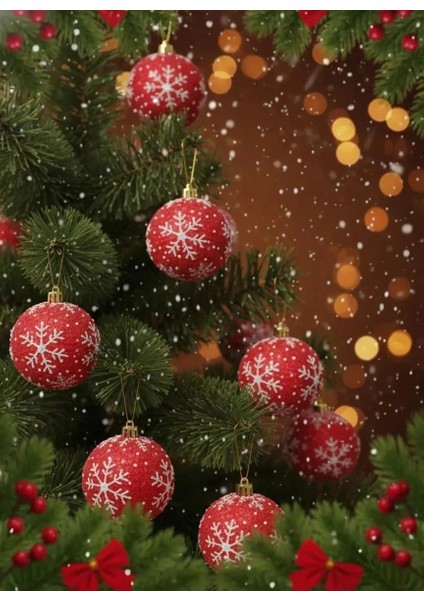 3'lü Kırmızı Mat Kadife Kar Tanesi Desenli Yılbaşı Ağacı Topları Seti (8 Cm)